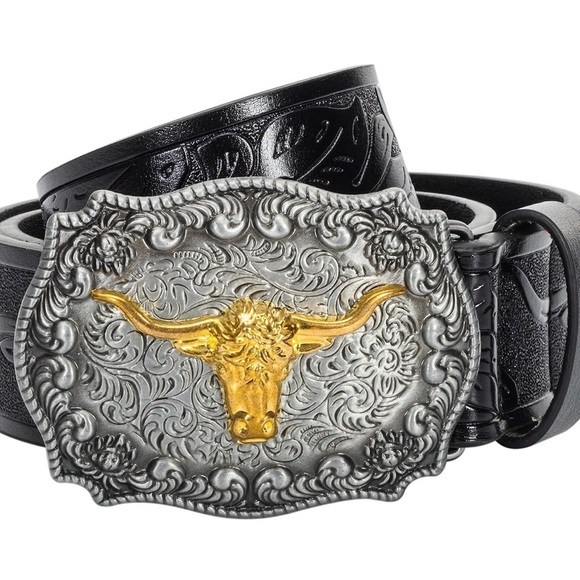 Silver and gold western belt with 1.5" wide leather and 34/38” waist - Picture 1 of 9